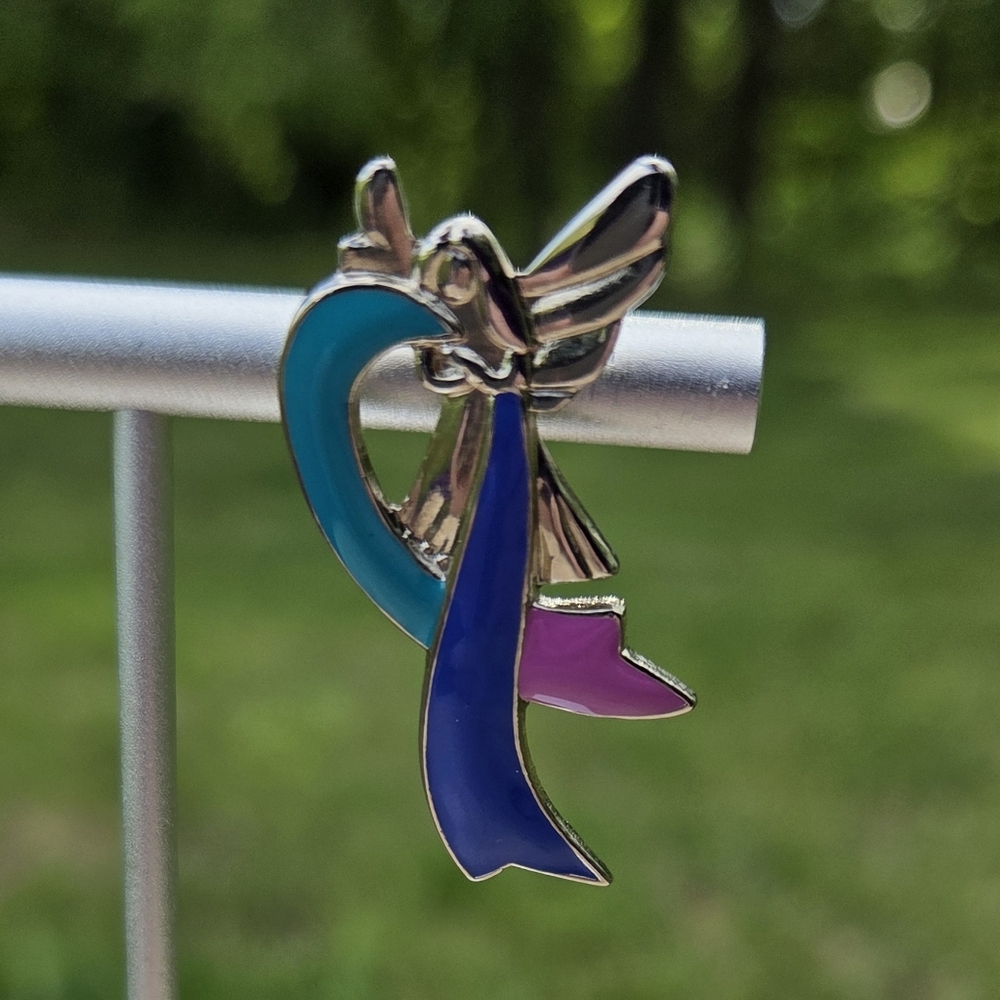 Silver Ribbon Pin with Blue and Purple Accents